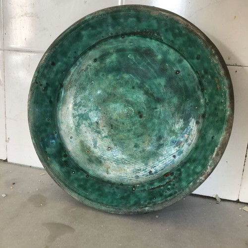 Green ceramic flowerpot Attica like new, glazed with embossed texture Ø23