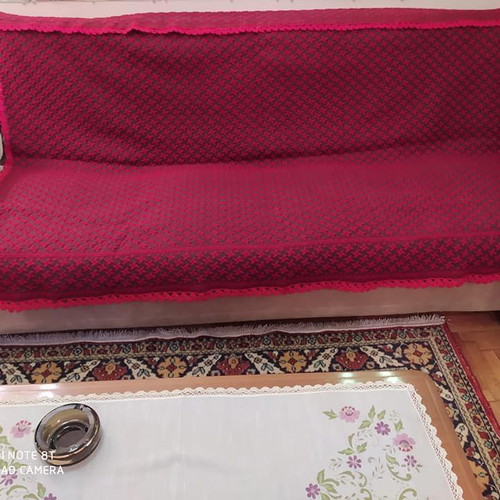 Woven wool blanket like new, red with handmade lace