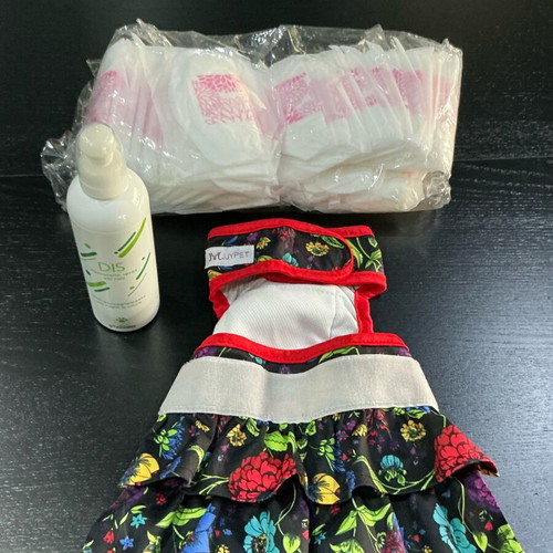 Period set for female dog like new with panties, pads, and spray