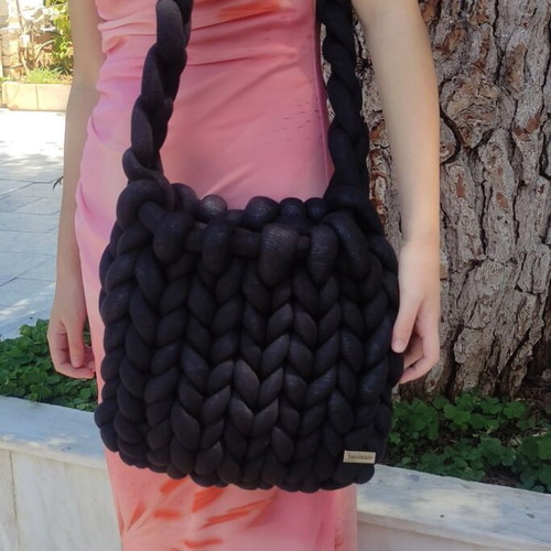 Handmade knitted shoulder bag new, black YarnArt Marshmallow