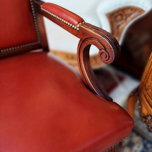 Leather armchair classic English style, deep burgundy