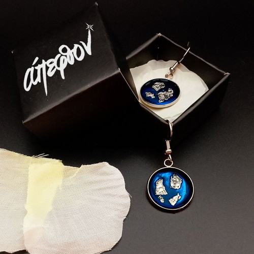 "Aegean Depths" blue and silver earrings with enamel and aluminum foil, Apefthon