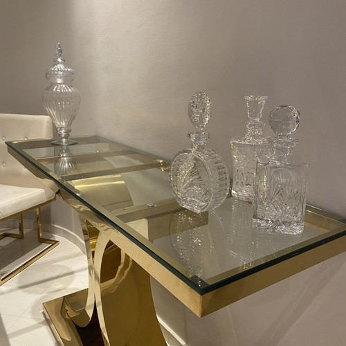 Elegant custom-made dining room set with glass table and 8 chairs