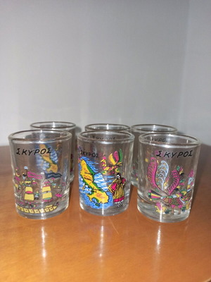 Shot glasses new, low, set of 6 with Skyros designs
