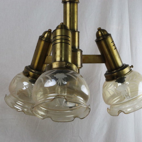 Three-light ceiling lamp brass and glass, new, 1950s