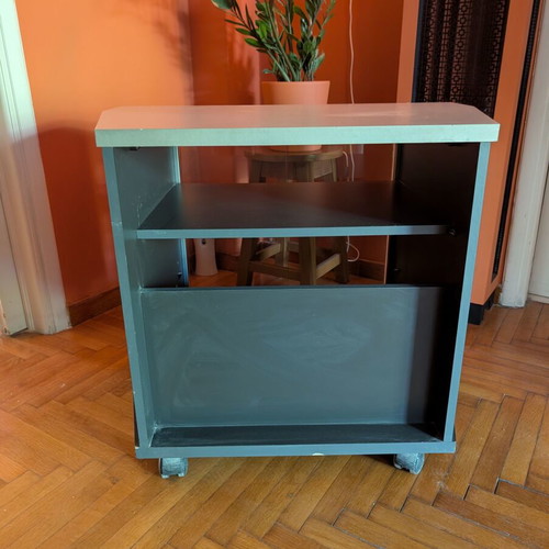 Corner showcase TV stand with wheels used, wood and glass doors