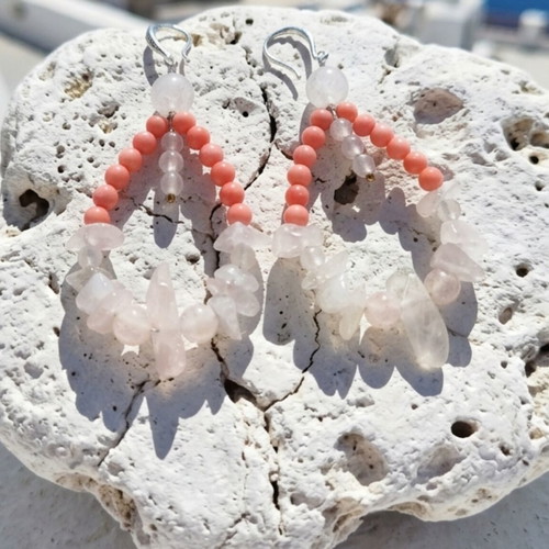 Rose Quartz and Coral Earrings 18K Gold Plated, New