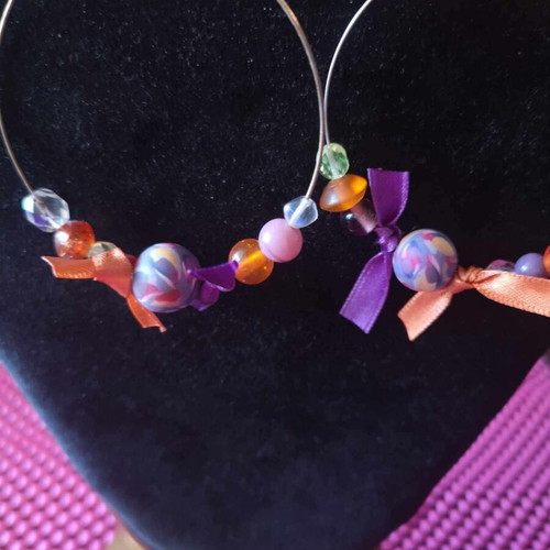 Round earrings new, handmade, purple and orange
