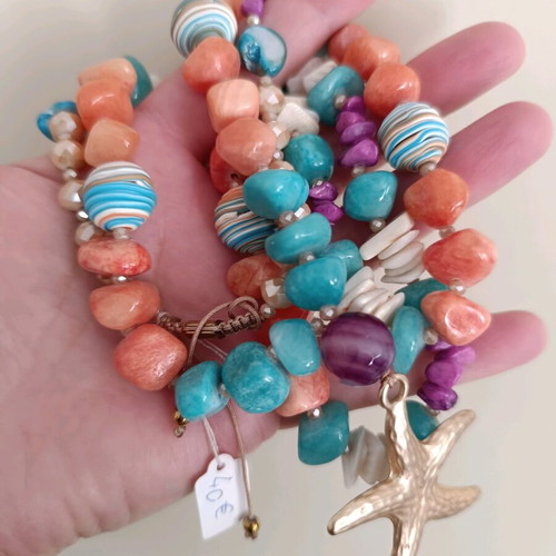 Long summer necklace with starfish, shells & semi-precious stones