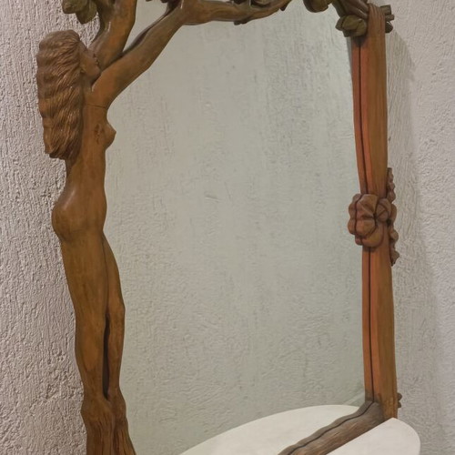 Wooden mirror with carved floral design and marble shelf like new