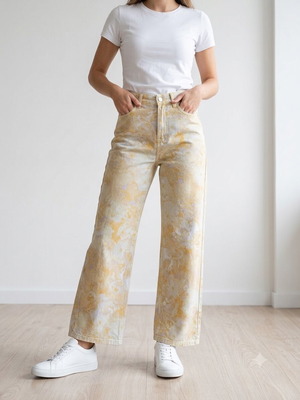 Τζιν παντελόνι wide-leg με floral print μεταχειρισμένο, μέγεθος S