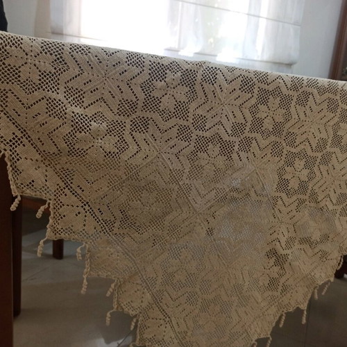 Tablecloth new handmade crochet with lace and beige fringes