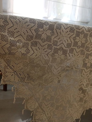 Tablecloth new handmade crochet with lace and beige fringes