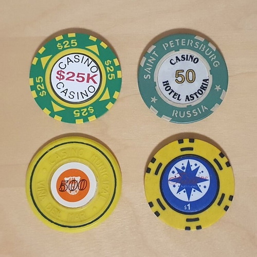 Casino chips used, set of 41 from around the world