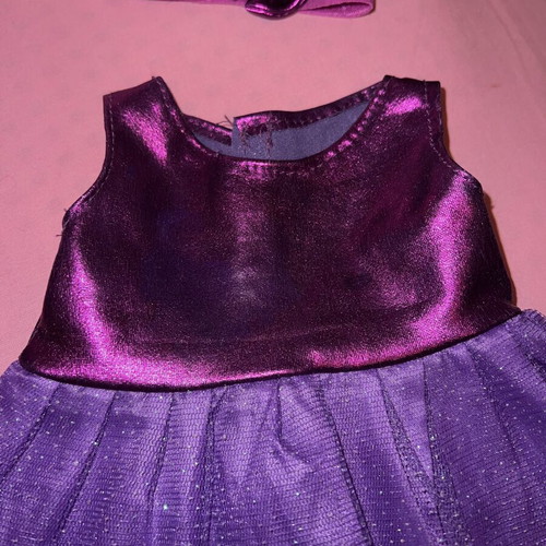 Doll dress with hair ribbon set used, satin and glitter tulle