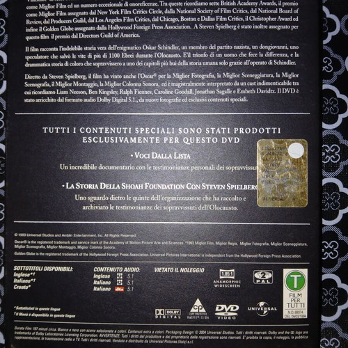 Schindler's List DVD box used, English Italian subtitles