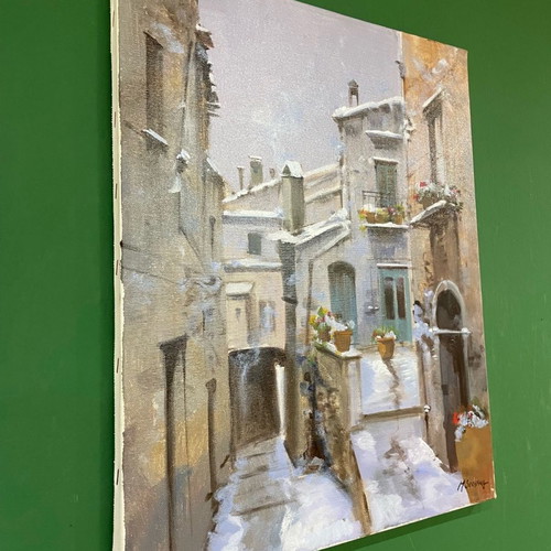 Artwork on canvas with snowy landscape