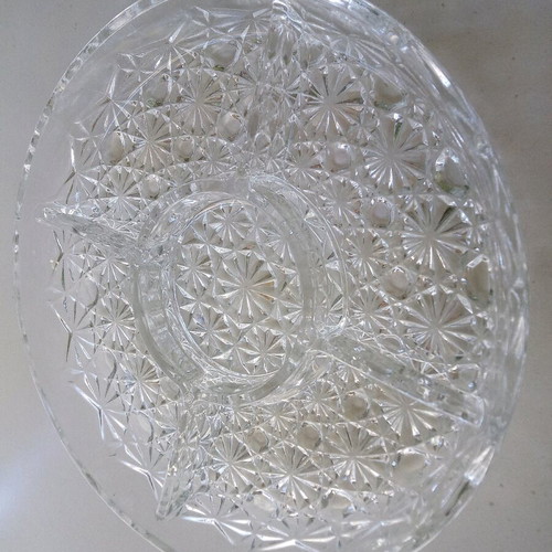 Crystal round serving platter with five sections and intricate embossed design, new