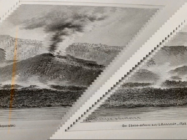 1890 Σαντορίνη νέα καμένη έκρηξη ηφαιστείου ξυλογραφία μετά από φωτογραφία 28x23cm