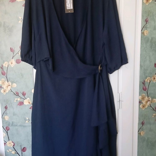 Kazi navy blue midi dress 3xl new, wrap style with ruffles