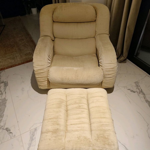 Armchair with ottoman like new, beige velvet fabric
