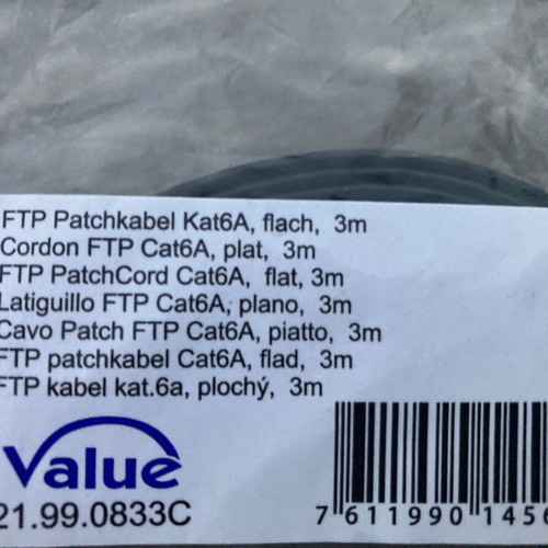 Value FTP Patch Cord Cat 6A Flat 3m new, black
