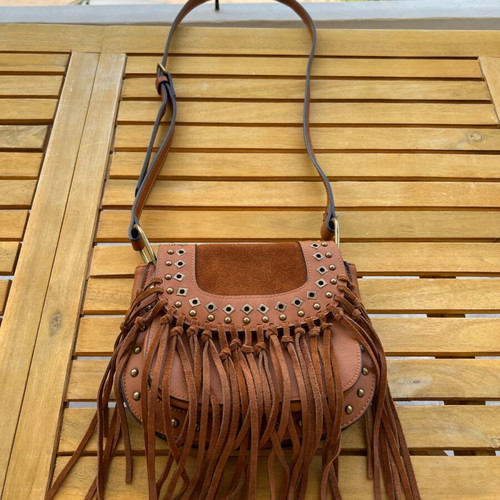 Leather cross body bag Pepe Jeans chocolate like new with fringes