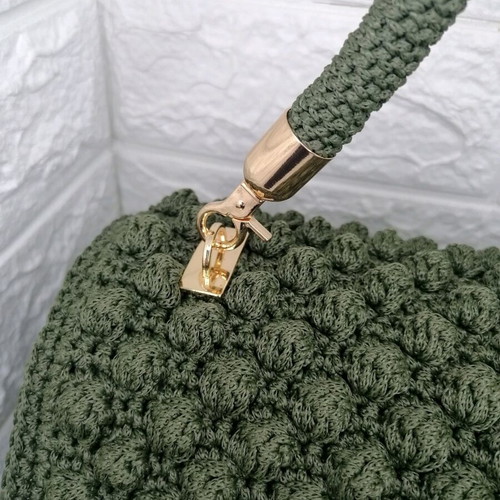 Handmade knitted handbag new, olive green with gold clasp