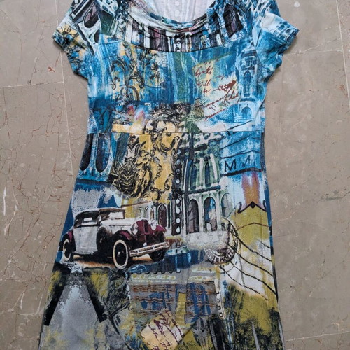 Taifun dress M like new, blue and yellow city print, cowl neck
