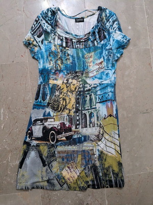 Taifun dress M like new, blue and yellow city print, cowl neck