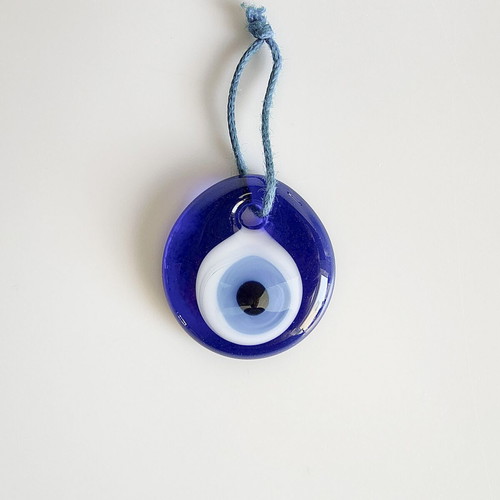 Evil Eye glass pendant 4x4.5 cm, white and blue