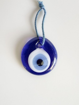 Evil Eye glass pendant 4x4.5 cm, white and blue