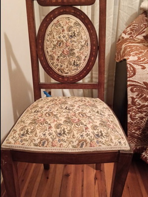 Chairs with marquetry like new, set of 2 with replaced fabric