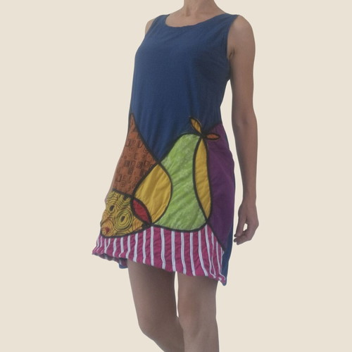 Boho cotton dress used, blue with colorful patchwork, S-M