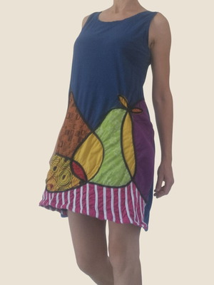 Boho cotton dress used, blue with colorful patchwork, S-M