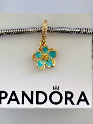 Pandora Blue Blossom Dangle Charm new, gold and green