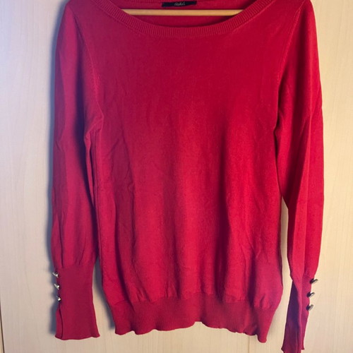 Red pullover with silver cuff buttons, wool and cotton, size M