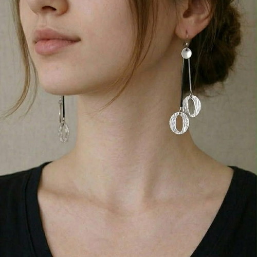 Earrings with double silver hammered hoops and black cord like new