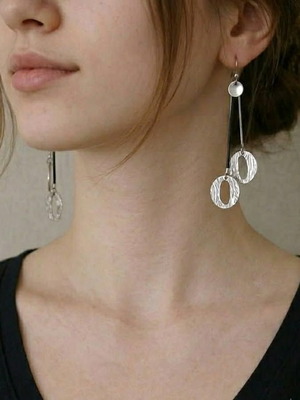 Earrings with double silver hammered hoops and black cord like new