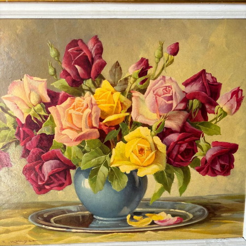 Oil painting on canvas used, colorful blooming roses