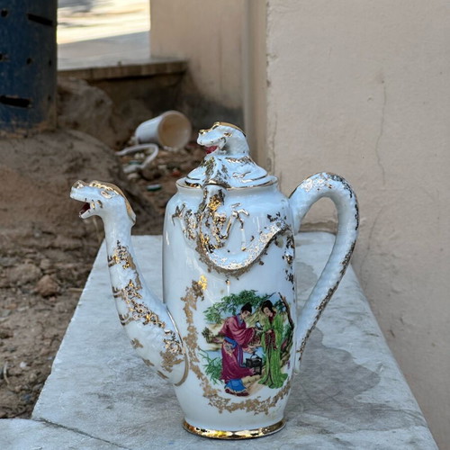 Collectible Japanese Porcelain Coffee Pot used with dragons and traditional scene