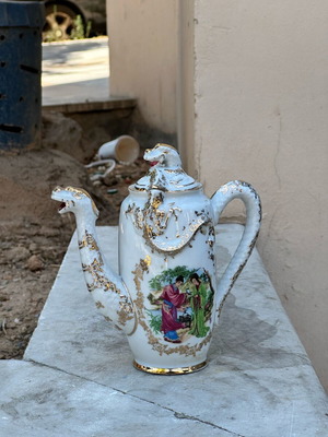 Collectible Japanese Porcelain Coffee Pot used with dragons and traditional scene