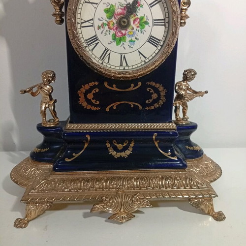 Vintage style brass and cobalt porcelain table clock