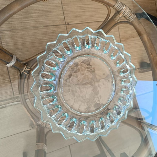 Vintage pressed glass serving platter with sunray design