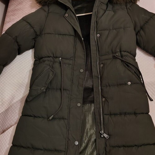 Winter coat olive color with fur inside and on hood, like new
