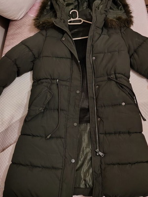 Winter coat olive color with fur inside and on hood, like new