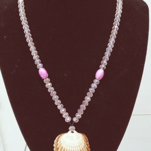 Handmade shell necklace new with black macrame cord and pink crystal beads