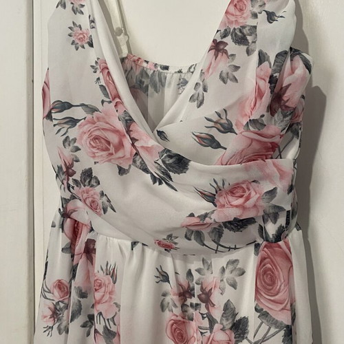 Floral dress new, adjustable straps, wrap cut, elastic under bust, white and pink