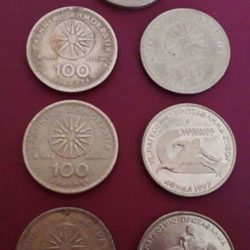 7 old Greek collectible 100 drachma coins