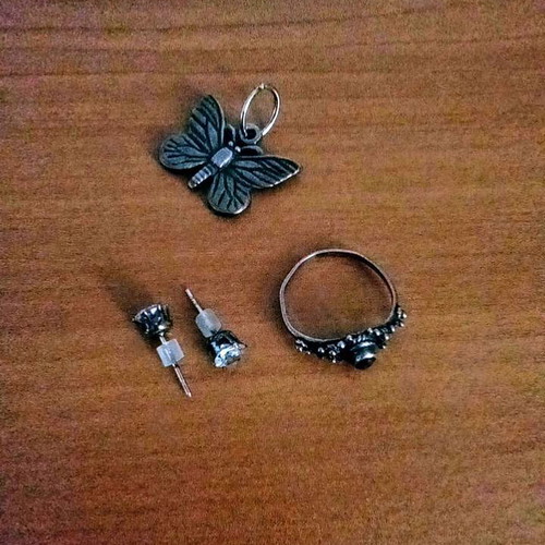 Jewelry set like new with silver earrings, ring, gold bracelet, butterfly pendant